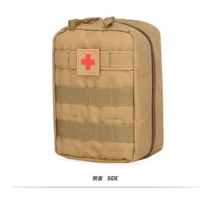 Tactical IFAK medical pouch showing side view with MOLLE webbing and red cross patch