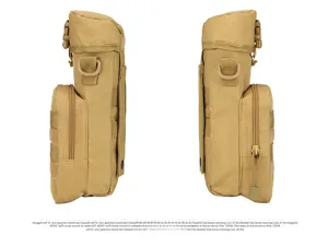 Detail view of khaki tactical water bottle bag with MOLLE webbing and side zipper pocket