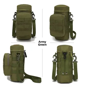 Detail view of army green tactical water bottle bag with MOLLE system and adjustable strap