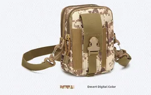 Detail of multi-functional tactical waist bag in desert digital camo pattern