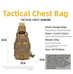Detail view of khaki 800D waterproof oxford tactical chest bag with MOLLE system and velcro