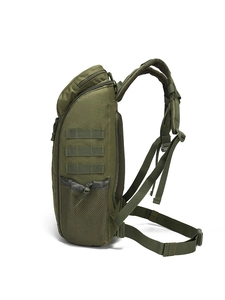 Army green tactical outdoor backpack with MOLLE system and ergonomic straps side view