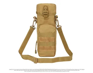 Front view of khaki tactical water bottle pouch with MOLLE straps and shoulder strap