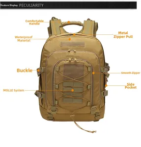 Tactical backpack with MOLLE system and waterproof khaki fabric for outdoor hiking