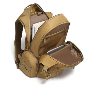 Detail view of khaki tactical backpack interior with large compartments and pockets