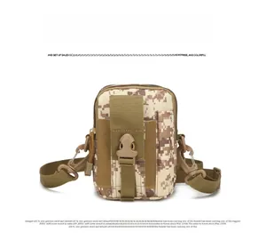 Tactical camouflage waist bag with durable buckle and adjustable metal strap in detail view