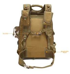Detail of durable tactical backpack featuring adjustable chest buckle and breathable mesh