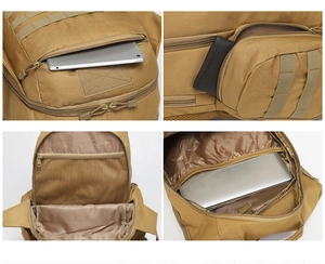 Detail view of khaki tactical backpack interior compartments for laptops and gadgets