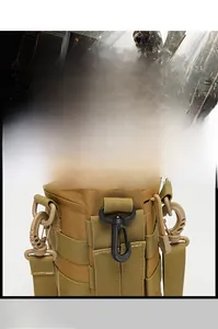 Detail view of khaki tactical water bottle bag featuring MOLLE webbing and durable buckles
