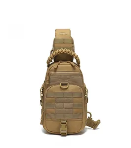 Detail view of tactical chest bag with MOLEE system, paracord handle and durable oxford fabric