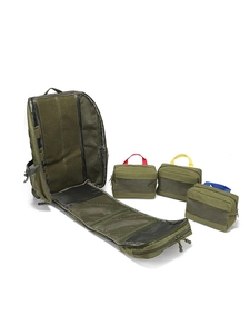 Tactical outdoor medical backpack set in army green with color-coded organizer bags