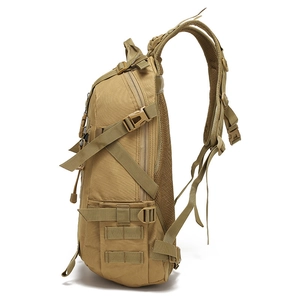 Waterproof tactical outdoor backpack in khaki desert color with MOLLE system and mesh back