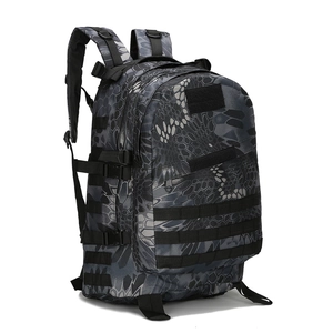 Detail of tactical 3D backpack showing durable Molle webbing and camo nylon fabric