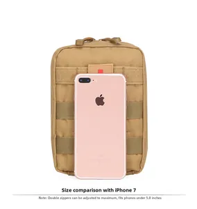 Tactical desert tan nylon utility pouch shown with a phone for size comparison