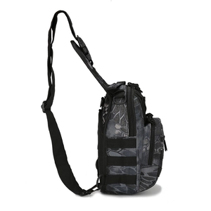 Tactical sling bag with grey python camo pattern and MOLLE system for outdoor activities