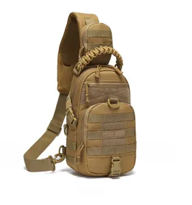 Macro detail of khaki tactical chest bag showing MOLLE webbing and paracord handle