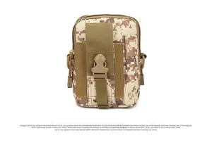Front view of camouflage tactical waist bag featuring durable nylon straps and quick release buckle