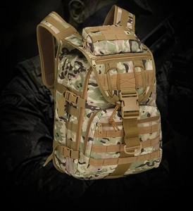 Close-up of tactical backpack with MOLLE system and CP camouflage waterproof fabric