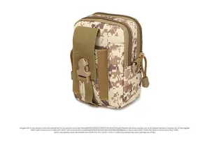 Detail of desert camo tactical waist bag with dual zippers and adjustable buckle pouch