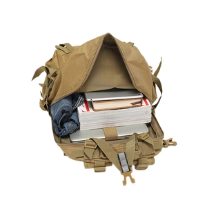 Tactical military backpack in khaki nylon showing large capacity for laptop and gear