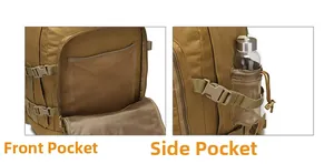 Detail of tactical backpack mesh front compartment and side pocket with buckle
