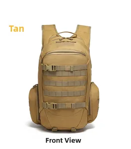 Front view of tan tactical backpack with MOLLE webbing and durable nylon fabric detail
