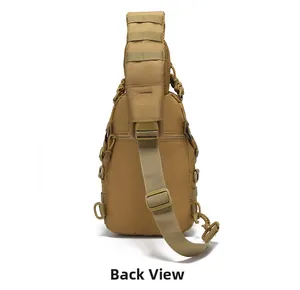 Tactical oxford chest bag back view showing MOLLE webbing and adjustable strap in khaki