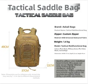 Detail view of 800D waterproof fabric texture and military tactical backpack dimensions