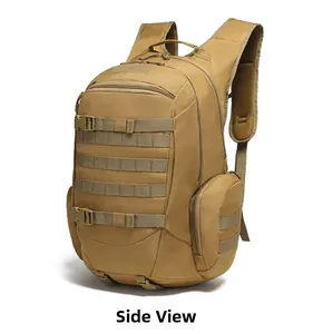 Tactical backpack side view showing MOLLE webbing and padded breathable shoulder strap