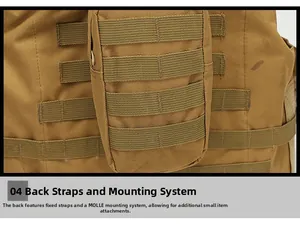 Close-up of desert camel tactical vest featuring heavy-duty nylon and MOLLE attachment system