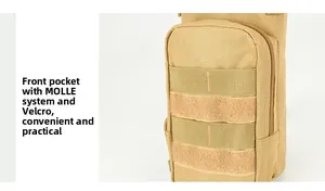 Detail of khaki tactical bag featuring MOLLE system straps and velcro panels for patches