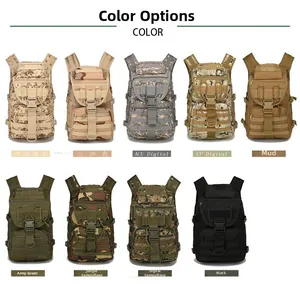 Matrix showing 45L tactical backpacks in nine colors including camo, desert and olive green