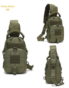 Detail of army green tactical chest bag featuring MOLLE system and woven handle