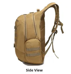 Side view of khaki tactical backpack featuring MOLLE webbing and breathable mesh padding