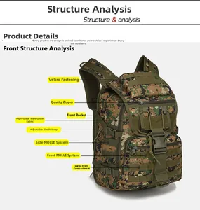 Detailed view of digital camo tactical backpack with MOLLE system and waterproof fabric