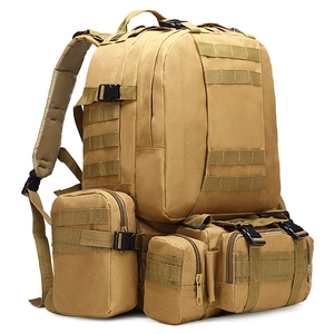 Tactical 4-in-1 khaki camping backpack with MOLLE system for outdoor hiking and climbing