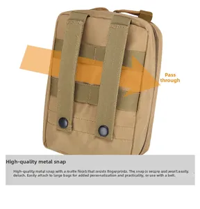 Detail of tactical medical pouch back featuring MOLLE webbing and durable metal snaps