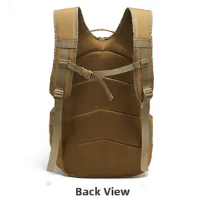 Detail view of khaki tactical backpack featuring padded mesh back and adjustable straps