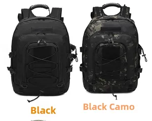 Close-up of tactical backpacks in solid black and black camo with durable buckles