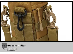 Detail of outdoor tactical water bottle bag showing paracord zipper pull and MOLLE system