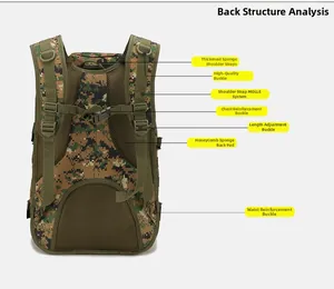 Detail of 45L tactical backpack featuring breathable mesh back pads and MOLLE system straps