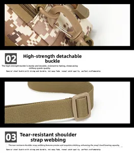 Detail of camouflage tactical pouch showing heavy-duty hook and reinforced nylon stitching