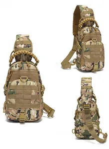 Detailed views of multicam tactical chest bag showing Molle system and paracord handle