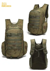 Three views of ruins green tactical backpack with MOLLE system and breathable mesh back