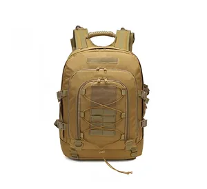 Front view of tan tactical backpack with MOLLE system and elastic compression cords
