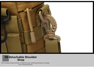 Detail of detachable metal hook and durable nylon webbing on tactical water bottle bag