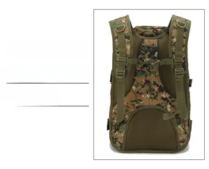 Detail of ergonomic breathable mesh back and padded straps on camouflage tactical backpack