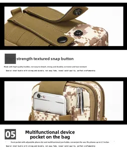 Detail of tactical camo waist bag with high-strength snap button and pen slot holder