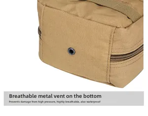 Detail of the tactical medical pouch bottom with a black metal drainage and air vent eyelet