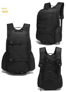 Three-view layout of black tactical backpack with MOLLE system and breathable mesh back